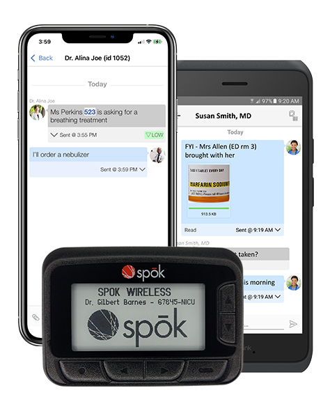 An image of an iPhone, a Spectralink phone, and a Spok GenA pager device mix for your hospital paging solutions