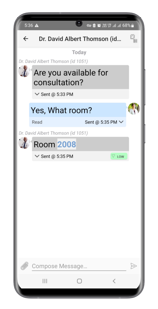 A screenshot from Spok Mobile of two users discussing a consultation and what room the patient is in
