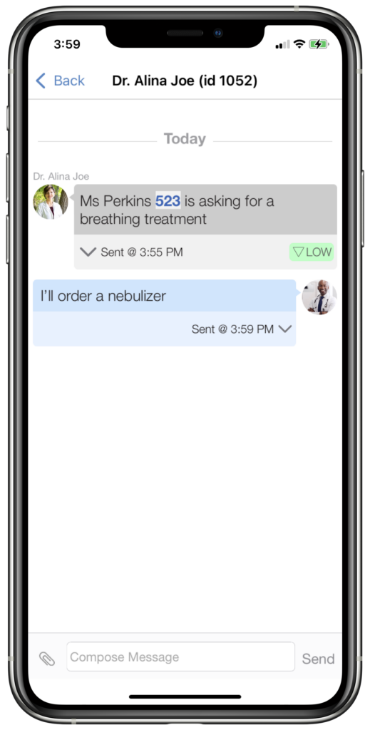 A screenshot of Spok Mobile - two users having a conversation ordering a nebulizer